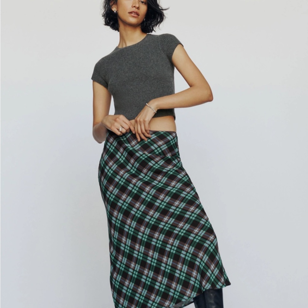 Reformation Plaid Layla Midi Skirt in Black and Green